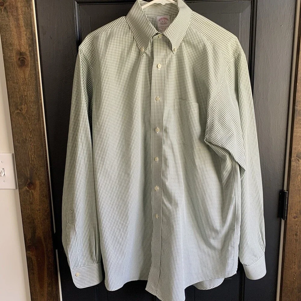 BROOKS BROTHERS THE ORIGINAL POLO SHIRT Mens 16/35 LONG SLEEVE Green Checked - Picture 1 of 8